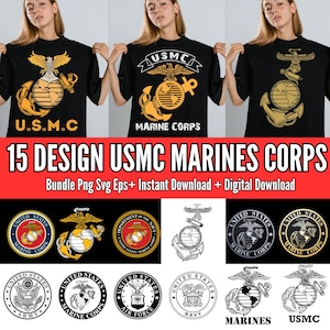 May include: Black t-shirts featuring gold USMC designs, including an eagle, anchor, and globe. The text "U.S.M.C" and "MARINE CORPS" are visible. The image also shows 15 design options and various US military emblems.