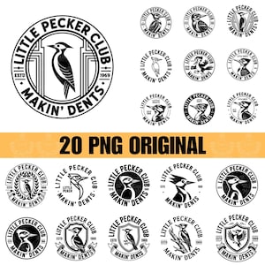May include: A collection of black and white Little Pecker Club logos. Each logo features a woodpecker illustration and the text "Little Pecker Club" and "Makin' Dents". The logos are in a circular design, with the year "1969" included.