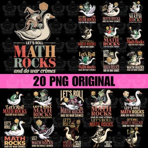 May include: A set of 20 PNG digital art files with fantasy-themed designs. Each design features the phrase "Let's Roll Math Rocks and do war crimes" with illustrations of frogs, wizards, and dice riding geese. The designs are in various colours.