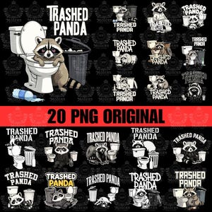 May include: A set of raccoon-themed graphics featuring the text "TRASHED PANDA". The images depict raccoons in toilets, near bins, and with other related items. The phrase "20 PNG ORIGINAL" is also visible in the image.