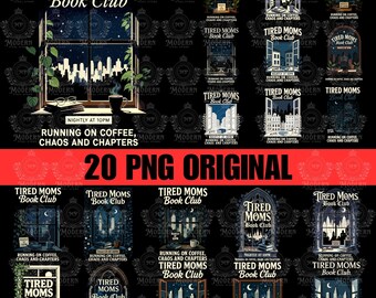 20 Tired Moms Book Club PNG: Funny Running On Coffee Chaos Chapters Sublimation (Digital Download)