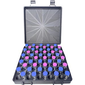 May include: An open black case filled with numerous small glass vials. The vials are arranged in a grid pattern and have either pink or blue caps. The case has a textured interior and two silver latches.