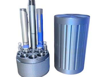 Peptide Canister - Holds 6 Pens, 2 Vials & 4 Pen Cartridges w/purge - Black / Blue