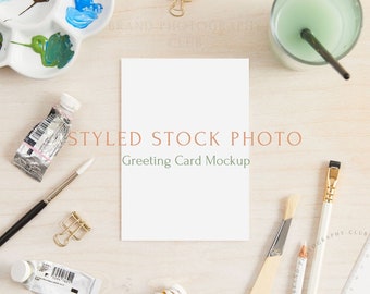 Greeting Card Mockup - Artist Desk -  A6 Digital Styled Stock Photo - Flatlay - 6x4, PSD & JPEG