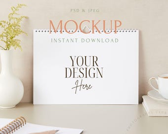 Horizontal Calendar Mockup | Beige Desk Scene (PSD & JPEG)