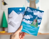 Mountain and Hut on a Hill notebooks - plain pages, A6 size. Gift for stationery lovers, pre teen, teen, or stocking stuffers! Set of two.