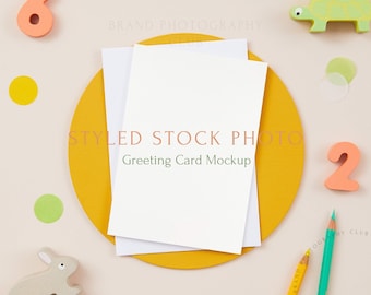 Greeting Card Mockup - Wooden Toys -  A6 Digital Styled Stock Photo - Flat lay 6x4, PSD & JPEG