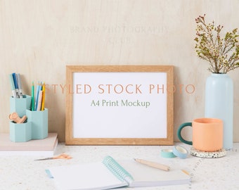 Artwork Mockup Frame - Pastel Desk - a4 Digital Styled Stock Photo - PSD & JPEG