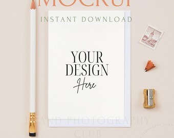 Greeting Card Mockup | A6 Digital Stock Photo | Flatlay 6x4, PSD & JPEG | Birthday Card, Wedding Invitation or Baby Shower | neutral minimal