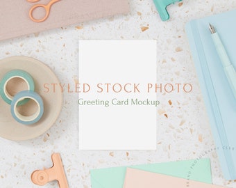Greeting Card Mockup - Terrazzo Pastel -  A6 Digital Styled Stock Photo - Flatlay - 6x4, PSD & JPEG