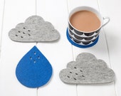 Cloud and Rain coasters - grey mélange and blue wool felt coasters with raindrop detail, set of 4