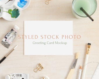 Greeting Card Mockup - Artist Desk - A6 Digital Styled Stock Photo - Flatlay - 6x4, PSD & JPEG