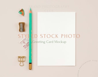 Greeting Card Mockup - Stationary and stamp -  A6 Digital Styled Stock Photo - Flat lay 6x4, PSD & JPEG