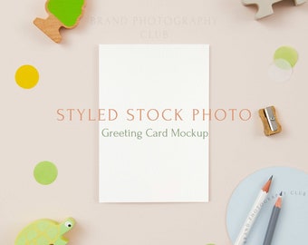 Greeting Card Mockup - Wooden Toys -  A6 Digital Styled Stock Photo - Flat lay 6x4, PSD & JPEG