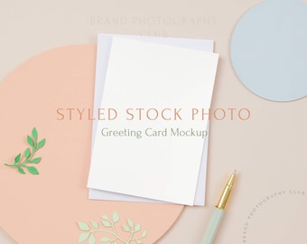 Greeting Card Mockup - Shape and leaf -  A6 Digital Styled Stock Photo - Flat lay 6x4, PSD & JPEG