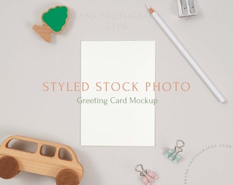 Greeting Card Mockup - Kids wooden Toys -  A6 Digital Styled Stock Photo - Flatlay - 6x4, PSD & JPEG