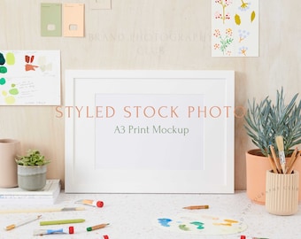 Artwork Mockup Frame - Artist Desk - a4 Digital Styled Stock Photo - PSD & JPEG