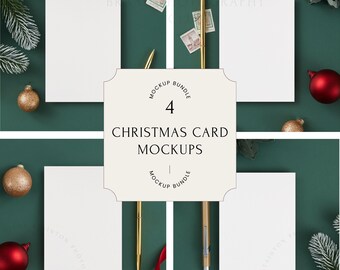 Digital Christmas Card Mockup PSD Bundle | - Customizable A6 Stock Photograph - Green Xmas Flatlay with baubles | 6x4 greeting card JPEG