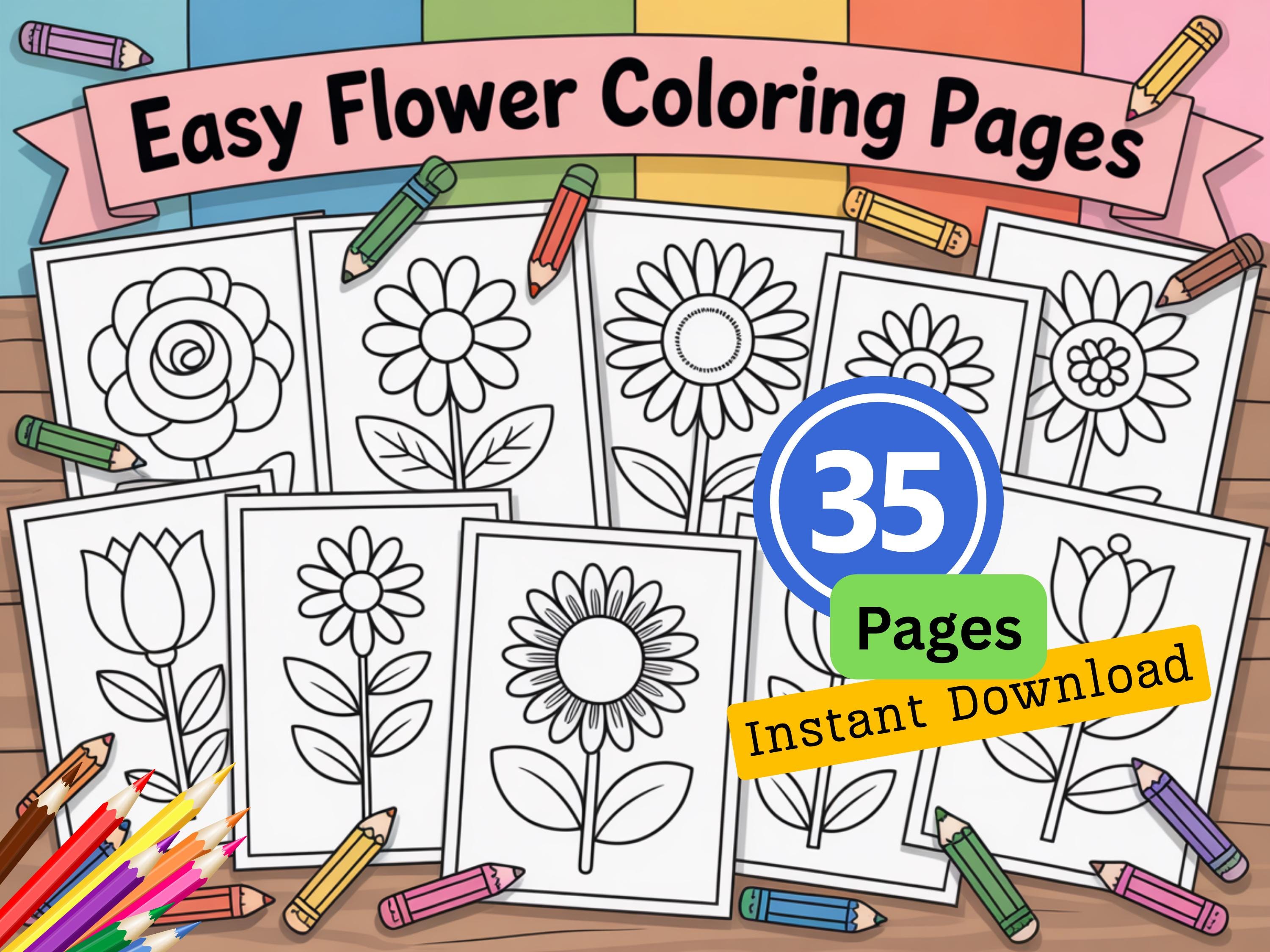 Easy Flower Coloring Pages: Simple Floral Outlines (digital Download ...