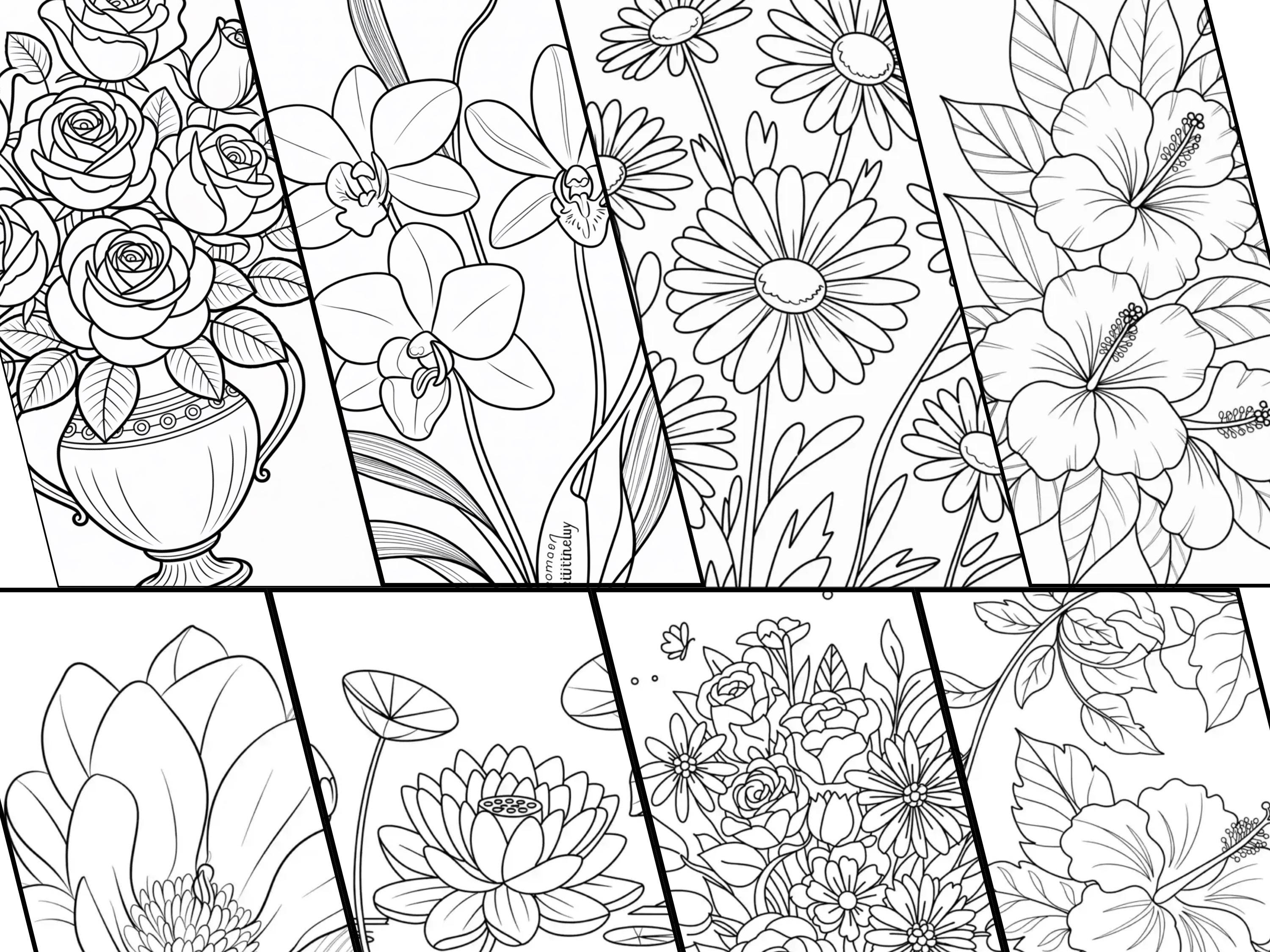 Easy Flower Coloring Pages: Simple Floral Outlines (digital Download ...