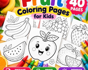 Può includere: Un libro da colorare digitale intitolato Fruit Coloring Pages for Kids con 40 pagine. La copertina presenta disegni al tratto in bianco e nero di una banana, uva, fragola, anguria, mela e arancia, circondati da pastelli e frutta.