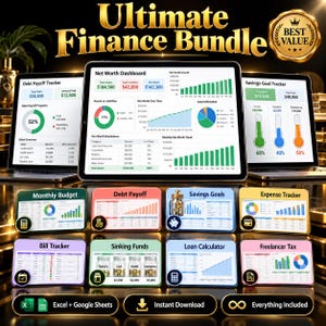 May include: A digital finance bundle featuring a central tablet displaying a Net Worth Dashboard, flanked by Debt Payoff and Savings Goal trackers. Below are eight colorful cards for budgeting, debt, savings, expenses, bills, funds, loans, and taxes.