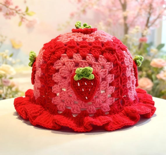 Handmade Strawbery  Crochet Hat with Floral Design Strawberry Shortcake Crochet Hat – Wild Dandi main image 2
