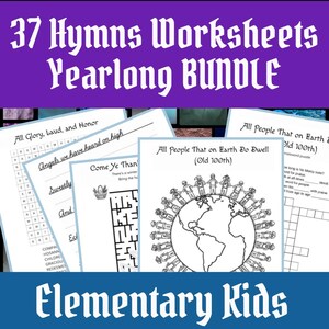 Pode incluir: Um pacote de 37 folhas de trabalho de hinos para crianças do ensino fundamental. As folhas de trabalho incluem palavras cruzadas, labirintos e outras atividades. O título "37 Hymns Worksheets Yearlong BUNDLE" é exibido em um banner roxo.