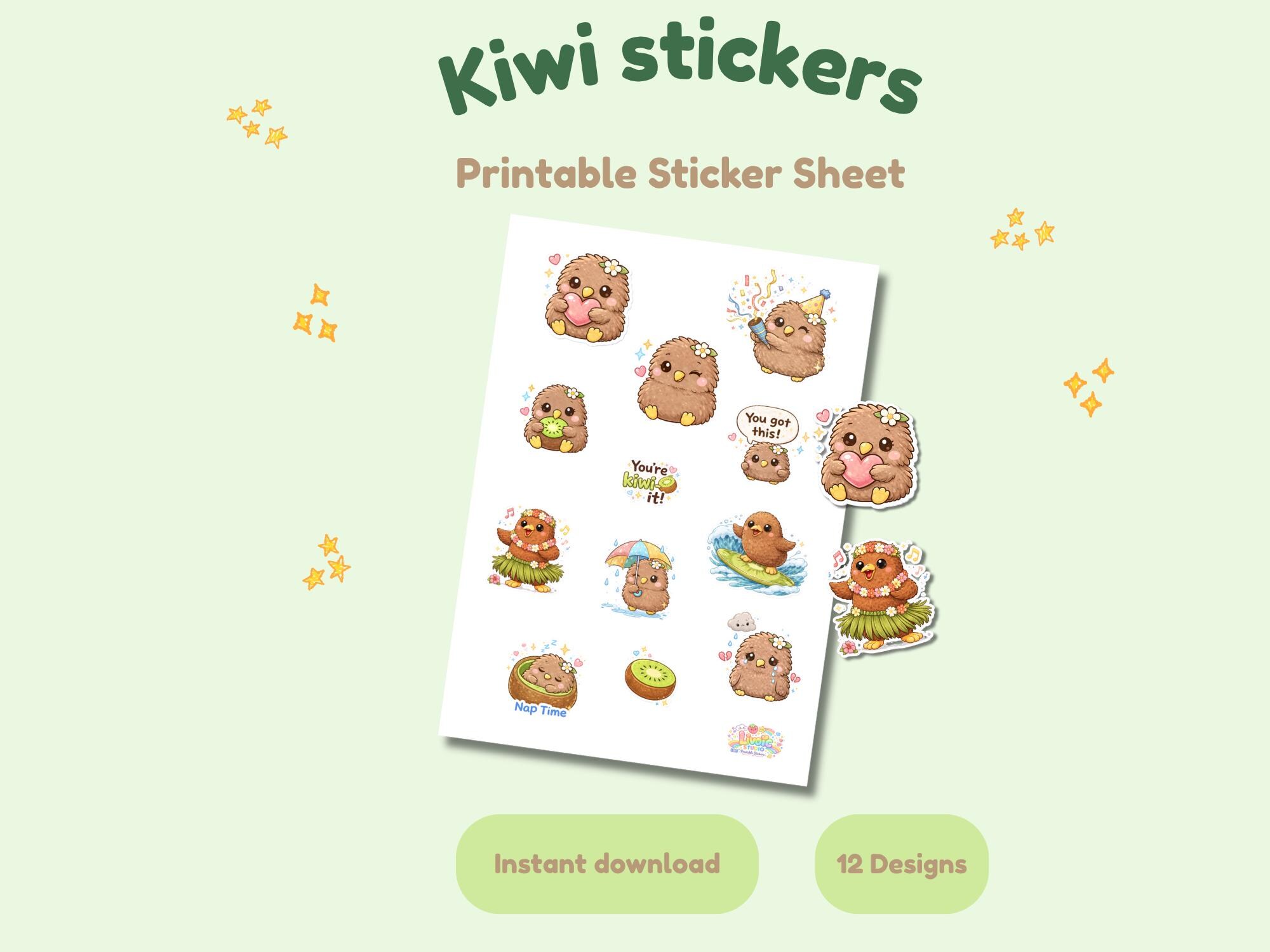 Kawaii Kiwi Printable, Cute Planner Stickers, Animal Sticker Sheet ...