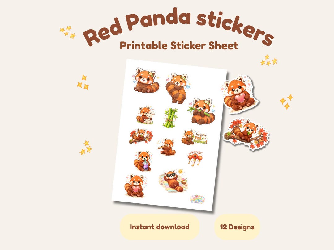 Kawaii Red Panda Stickers Printable, Cute Planner Stickers, Animal ...