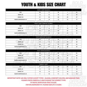 May include: A white size chart for youth and kids' apparel, including t-shirts, sweatshirts, and hoodies. The chart lists sizes XS to XL, with measurements in inches for width, length, and sleeve center back. Includes a note about shirt types and fit.