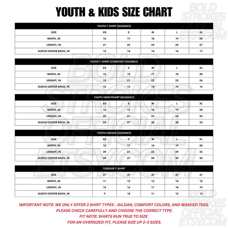 May include: A white size chart for youth and kids' apparel, including t-shirts, sweatshirts, and hoodies. The chart lists sizes XS to XL, with measurements in inches for width, length, and sleeve center back. Includes a note about shirt types and fit.