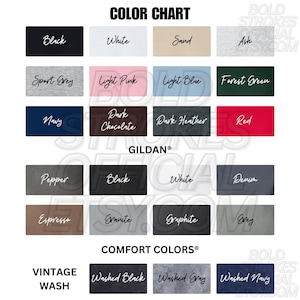 May include: Color chart featuring various fabric swatches in a range of colors, including black, white, sand, and ash. The chart also displays shades like sport grey, light pink, light blue, and forest green. The brand name "Gildan" is visible.