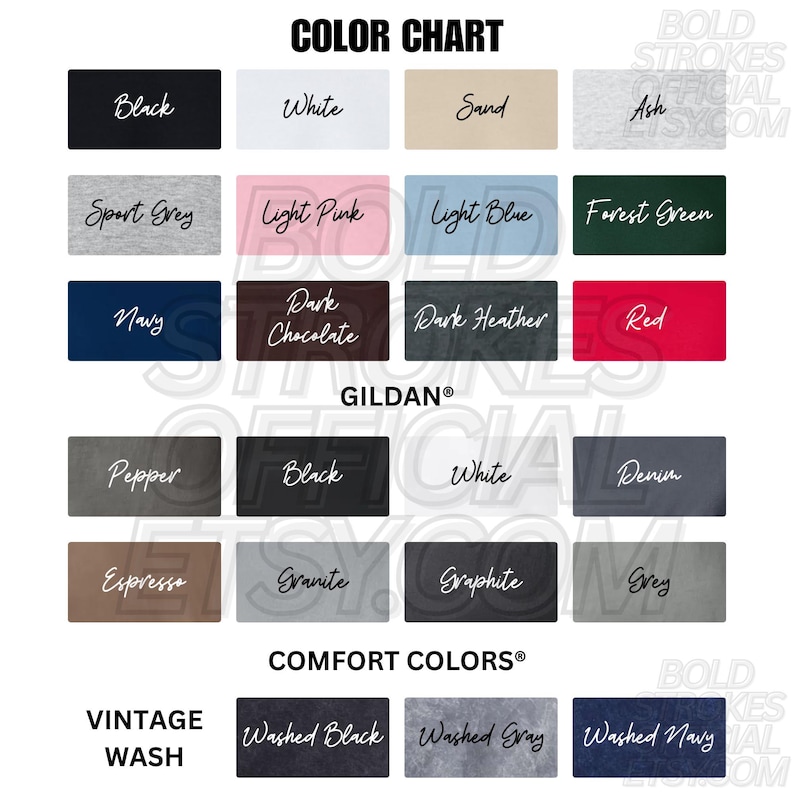 May include: Color chart featuring various fabric swatches in a range of colors, including black, white, sand, and ash. The chart also displays shades like sport grey, light pink, light blue, and forest green. The brand name "Gildan" is visible.