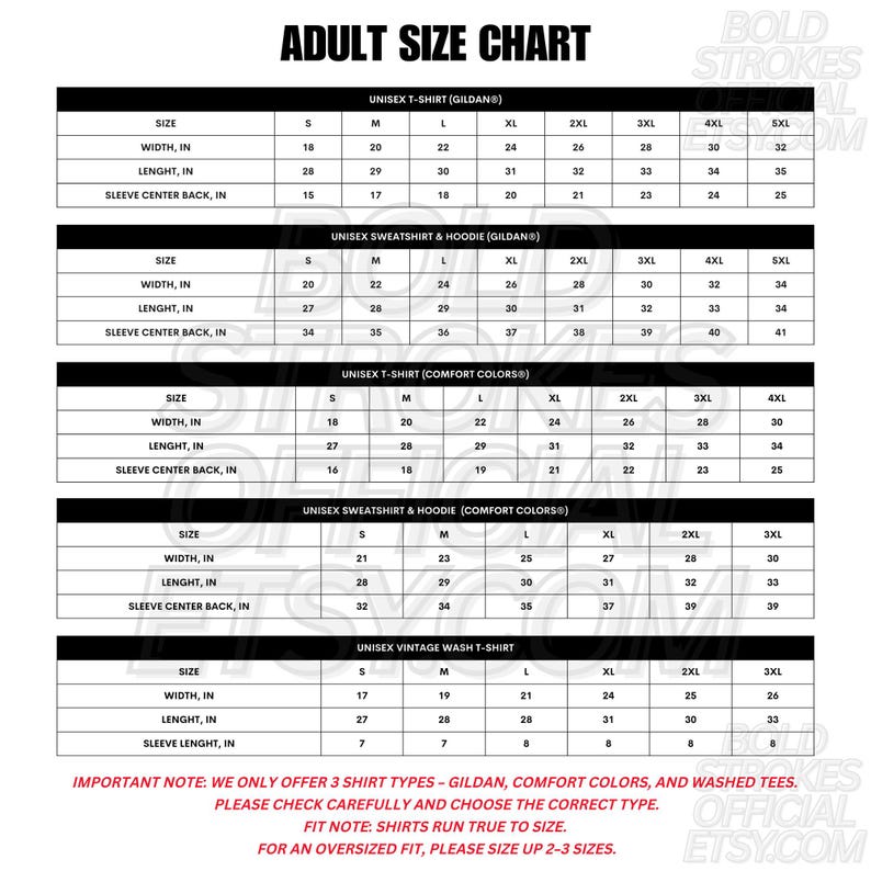 May include: Adult size chart for unisex t-shirts, sweatshirts, and hoodies. Includes measurements in inches for width, length, and sleeve center back. Features Gildan, Comfort Colors, and vintage wash options. Text: "Shirts run true to size."