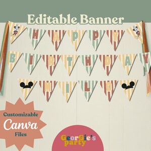 May include: A customizable banner with the text "HAPPY BIRTHDAY" in a striped design. The banner features Mickey Mouse and Mickey Mouse ears. The words "Editable Banner" and "Customizable Canva Files" are also visible.
