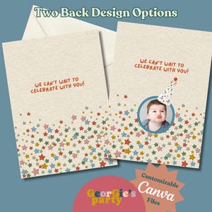 May include: Two birthday party invitation cards with a star pattern and the text "We can't wait to celebrate with you!". One card features a baby wearing a party hat. The cards are customizable Canva files.