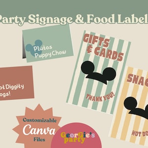 May include: Party signage and food labels with a Mickey Mouse theme. The signs include "Gifts & Cards", "Snacks!", "Plutos Puppy Chow", and "Hot Diggity Dogs!". The design features a starburst with "Customizable Canva Files".