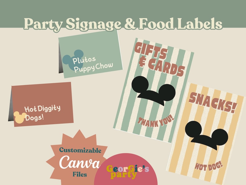 May include: Party signage and food labels with a Mickey Mouse theme. The signs include "Gifts & Cards", "Snacks!", "Plutos Puppy Chow", and "Hot Diggity Dogs!". The design features a starburst with "Customizable Canva Files".