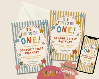 May include: A set of first birthday invitations with a colorful design. The invitations feature the text "IT'S FUN TO BE ONE!" and "GEORGIE'S FIRST BIRTHDAY" with star accents. A smartphone displays the same design.