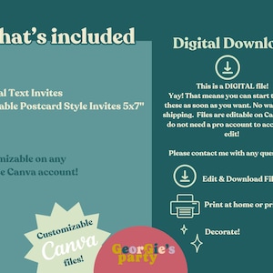 May include: Digital download graphic with text: "What's included" and "Digital Download." Includes digital text invites and printable postcard style invites. Files are editable on Canva. The image has a teal background with white and pink accents.