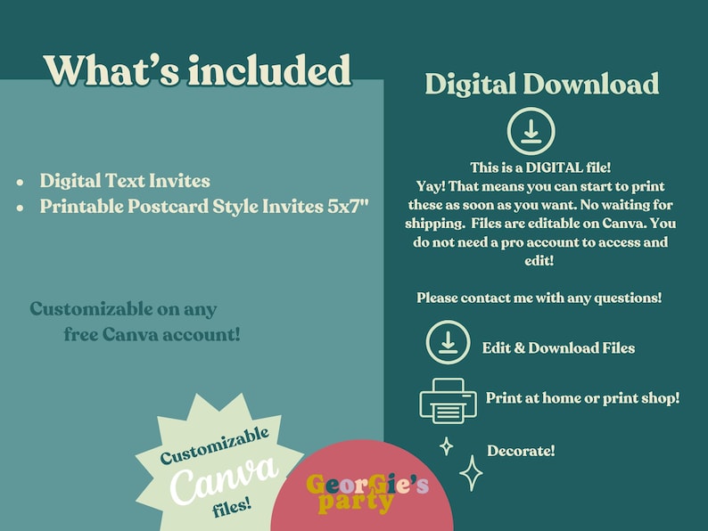 May include: Digital download graphic with text: "What's included" and "Digital Download." Includes digital text invites and printable postcard style invites. Files are editable on Canva. The image has a teal background with white and pink accents.