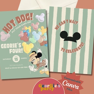 Puede incluir: Dos invitaciones de fiesta con el tema de Mickey Mouse. Una invitación es verde menta con el texto "HOT DOG!" y "GEORIE'S FOUR!" con un Mickey Mouse de dibujos animados. La otra tiene rayas verticales y el texto "WE CAN'T WAIT TO CELEBRATE!"