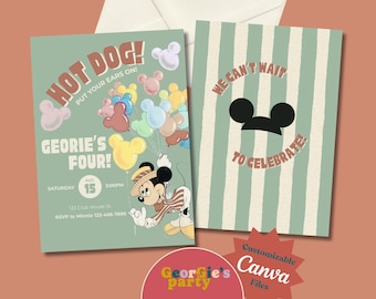 May include: Two party invitations with a Mickey Mouse theme. One invitation is mint green with the text "HOT DOG!" and "GEORIE'S FOUR!" with a cartoon Mickey Mouse. The other invitation has vertical stripes and the text "WE CAN'T WAIT TO CELEBRATE!"