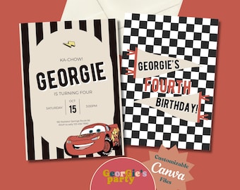May include: Two birthday party invitations. One features a cartoon car and the text "KA-CHOW! GEORGIE IS TURNING FOUR" with the date and time. The other has a black and white checkered background with pennants that read "GEORGIE'S FOURTH BIRTHDAY!"