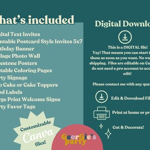 May include: Digital download graphic with text: "What's included" and a list of party supplies. The text "Digital Download" is also present. The image includes the text "Customizable Canva files!" and "Georgie's party".