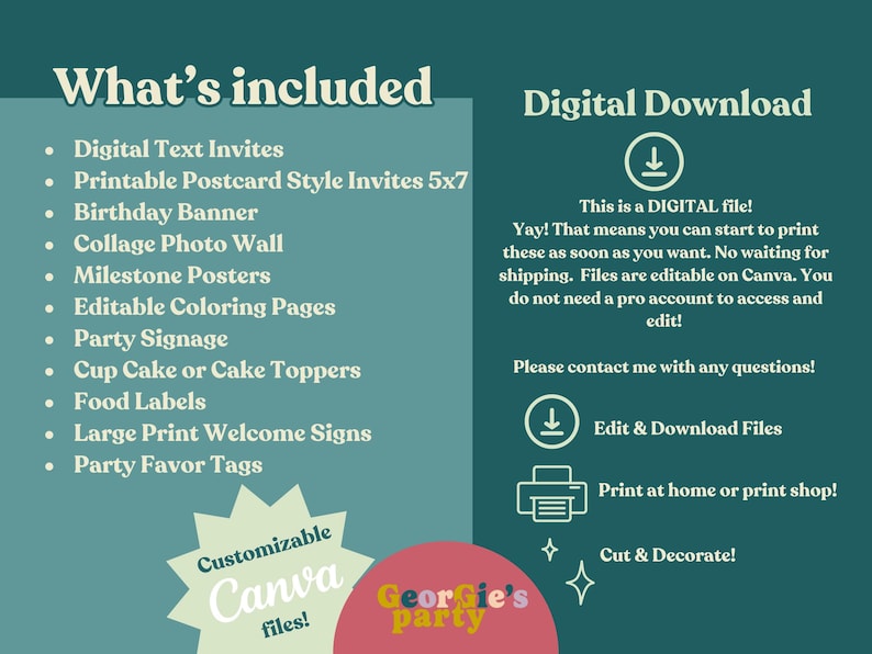 May include: Digital download graphic with text: "What's included" and a list of party supplies. The text "Digital Download" is also present. The image includes the text "Customizable Canva files!" and "Georgie's party".