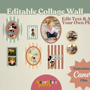May include: An editable collage wall design featuring various photo frames with cartoon characters and children's photos. The design includes text that reads "Editable Collage Wall" and "Edit Text & Add Your Own Photos!" with the Canva logo.