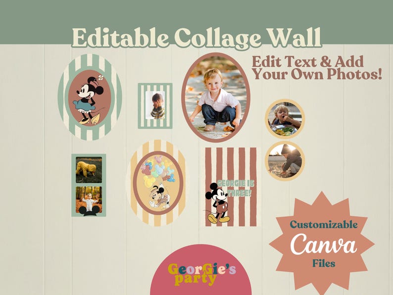 May include: An editable collage wall design featuring various photo frames with cartoon characters and children's photos. The design includes text that reads "Editable Collage Wall" and "Edit Text & Add Your Own Photos!" with the Canva logo.