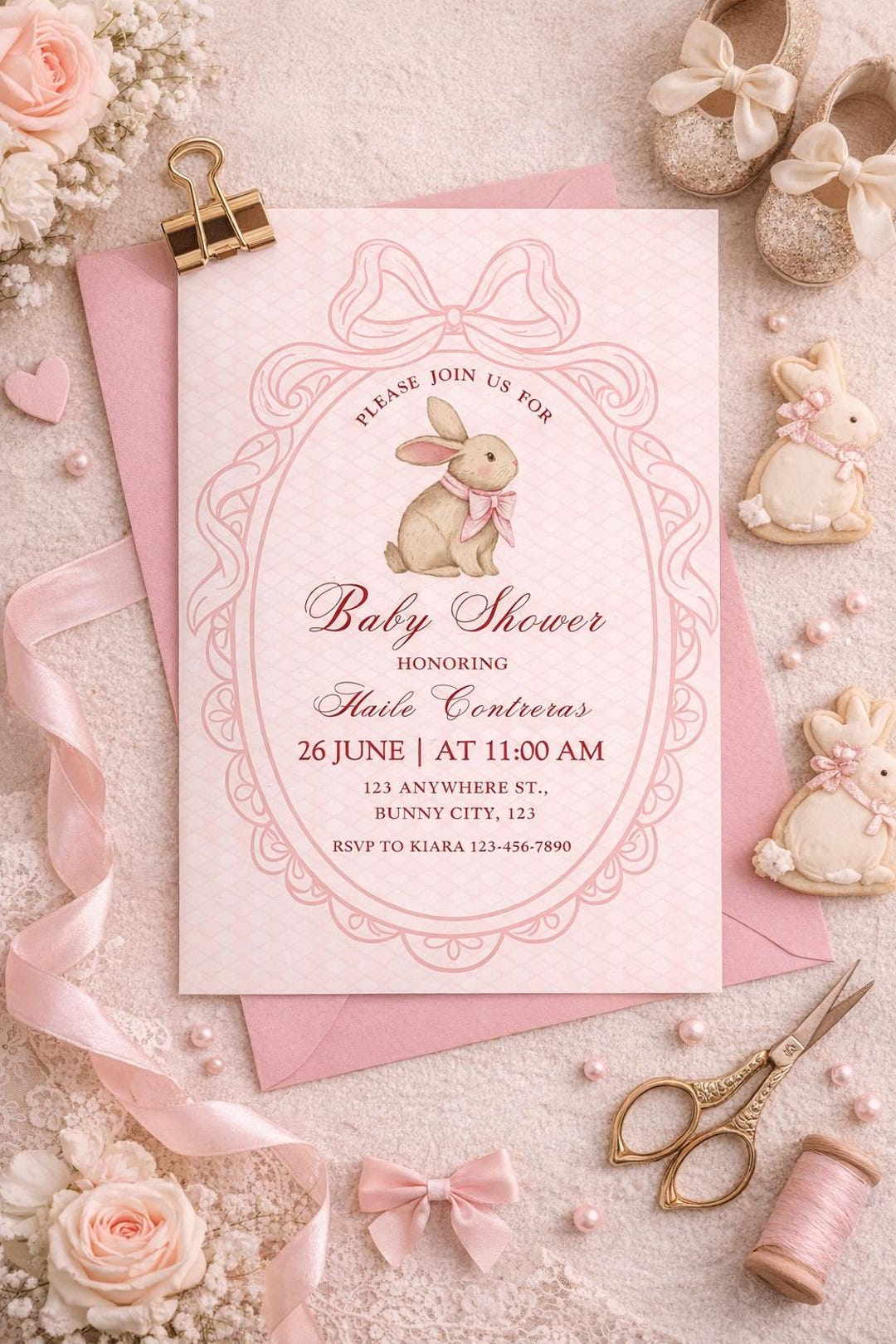 Editable Bunny Baby Shower Invitation Template, Girl Pink Bow Bunny ...